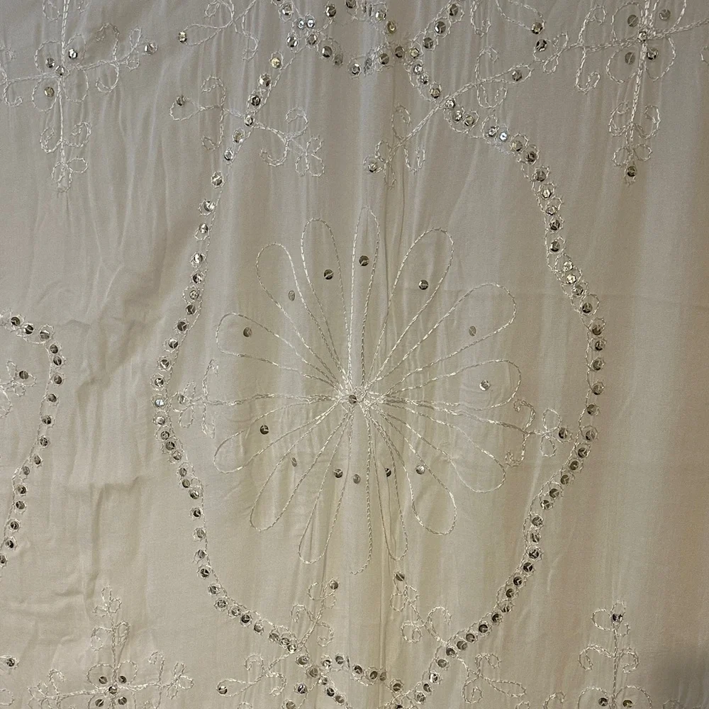 41x62” White Fringed Embroidered with Sequins - Scarf Sarong Pareo Wrap Cover-up - Picture 2 of 4